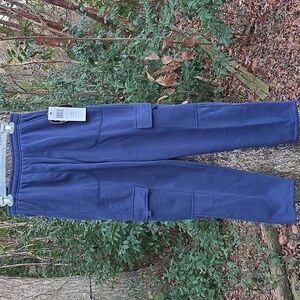 Men's Navy Blue Cargo Fleece Jogger Pants 5 Pockets Drawstring Adjustable Hem